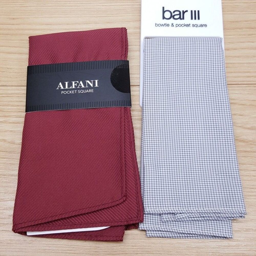 ALFANI BAR Mens Pocket Square Maroon Gray Check Textured Lot of 2